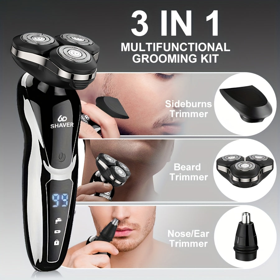 Електричен брич за мажи, 3 во 1 електричен брич за бричење, тример за нос, USB преносен брич за полнење, 3D лебдечки сечило со дигитален дисплеј за бричење и машина за брада