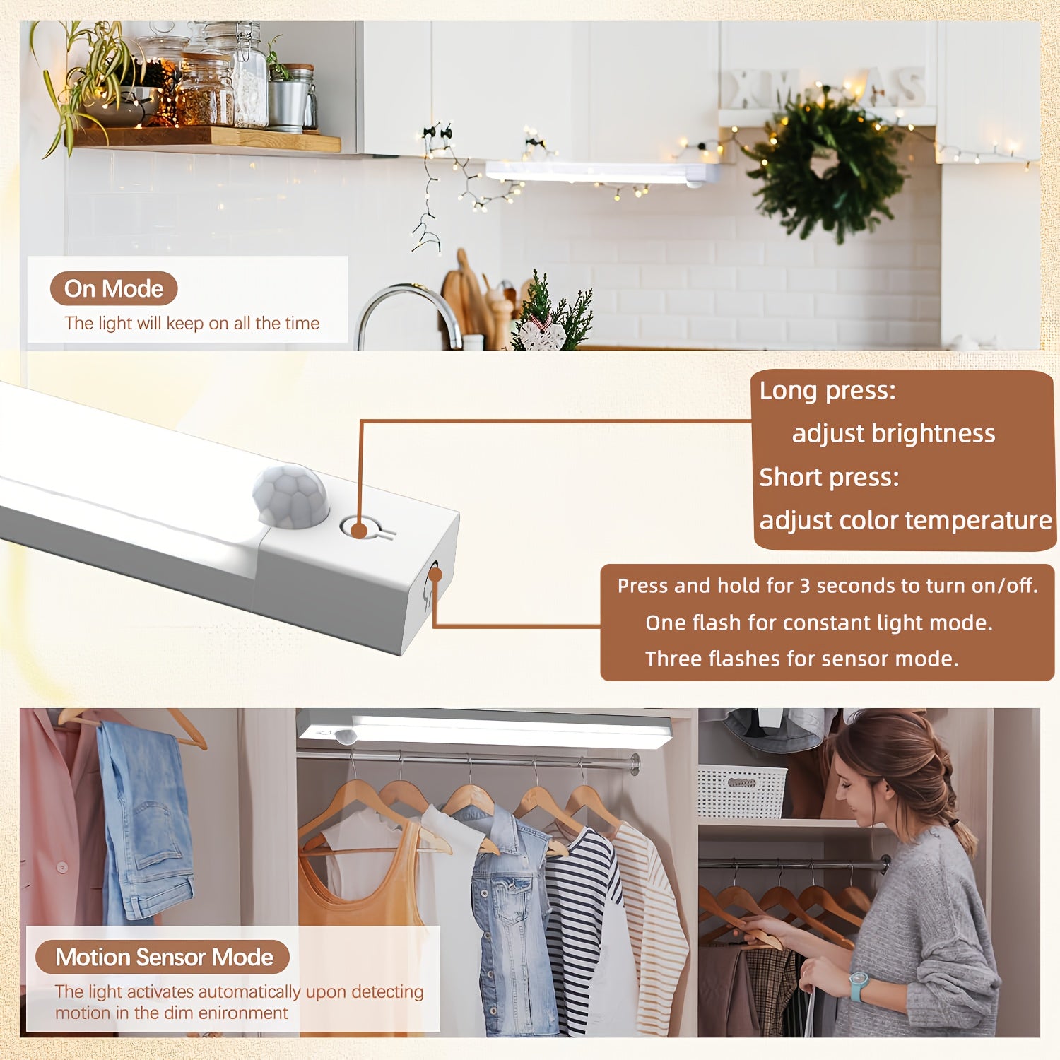 NBBUFF LED светло активирано со движење, со три температури на бои, прилагодлива осветленост, панорамски сензор за луѓе од 360° и можност за полнење преку USB. Идеално за употреба во спални соби, покрај кревети, на скали, во ормари, A