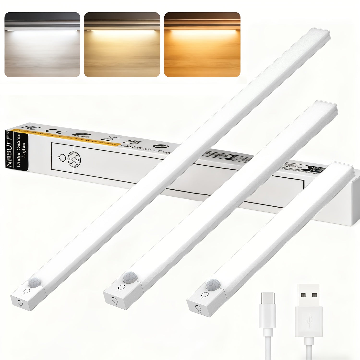 NBBUFF LED светло активирано со движење, со три температури на бои, прилагодлива осветленост, панорамски сензор за луѓе од 360° и можност за полнење преку USB. Идеално за употреба во спални соби, покрај кревети, на скали, во ормари, A