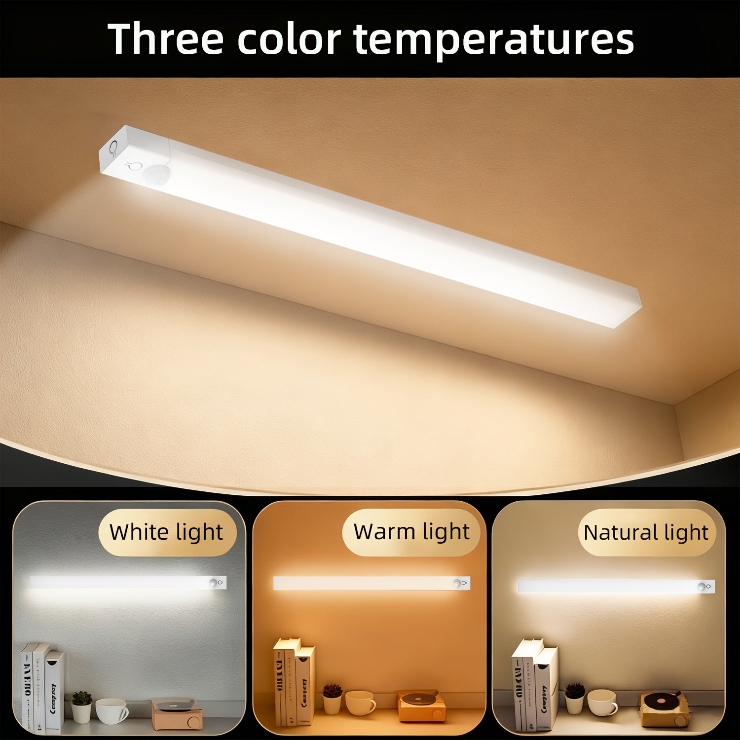 NBBUFF LED светло активирано со движење, со три температури на бои, прилагодлива осветленост, панорамски сензор за луѓе од 360° и можност за полнење преку USB. Идеално за употреба во спални соби, покрај кревети, на скали, во ормари, A