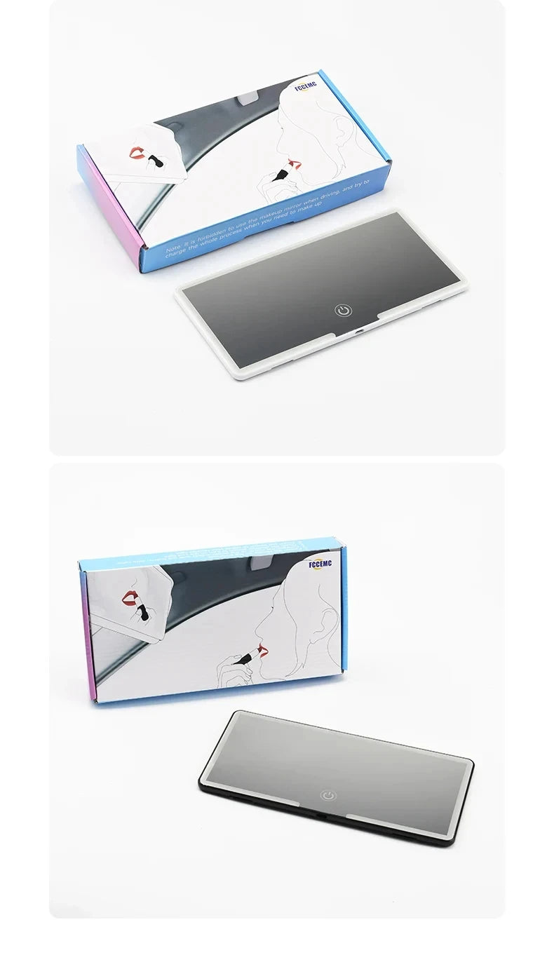 Внатрешно огледало за автомобил, штитник за сонце, LED огледало за шминкање со висока дефиниција, прилагодување на екранот на допир во 3 режими, USB полнење, огледало за шминкање за автомобил