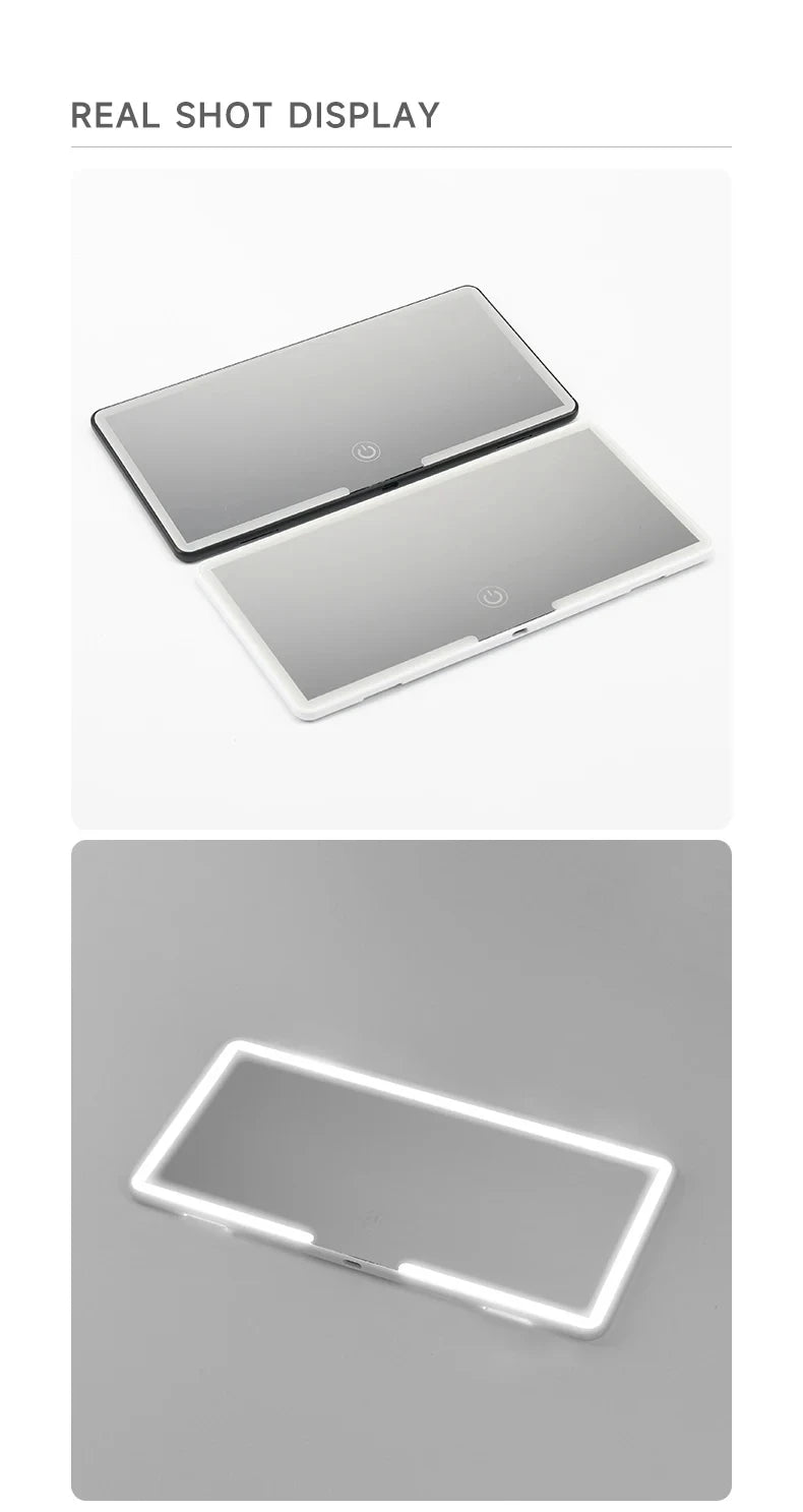 Внатрешно огледало за автомобил, штитник за сонце, LED огледало за шминкање со висока дефиниција, прилагодување на екранот на допир во 3 режими, USB полнење, огледало за шминкање за автомобил