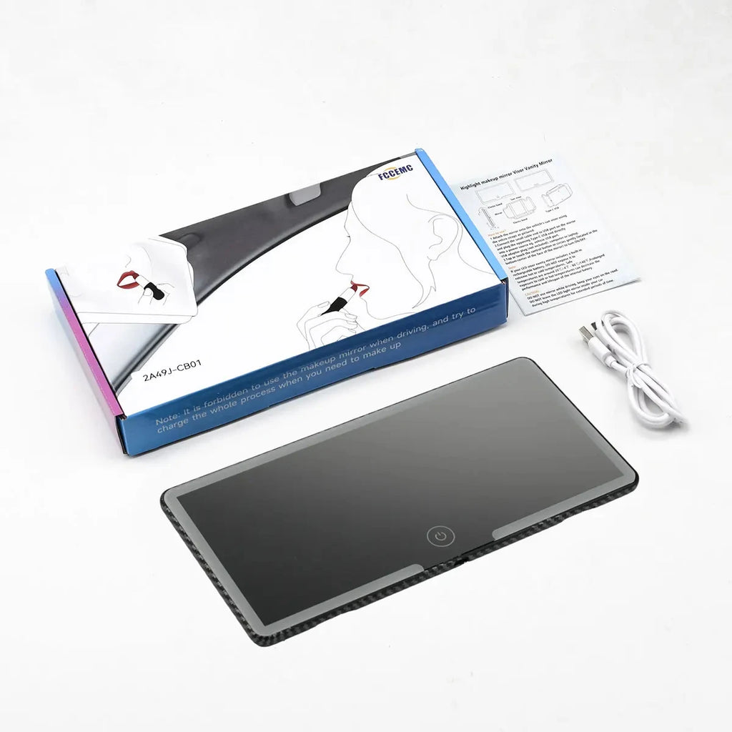 Внатрешно огледало за автомобил, штитник за сонце, LED огледало за шминкање со висока дефиниција, прилагодување на екранот на допир во 3 режими, USB полнење, огледало за шминкање за автомобил