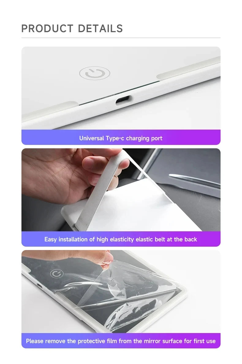 Внатрешно огледало за автомобил, штитник за сонце, LED огледало за шминкање со висока дефиниција, прилагодување на екранот на допир во 3 режими, USB полнење, огледало за шминкање за автомобил