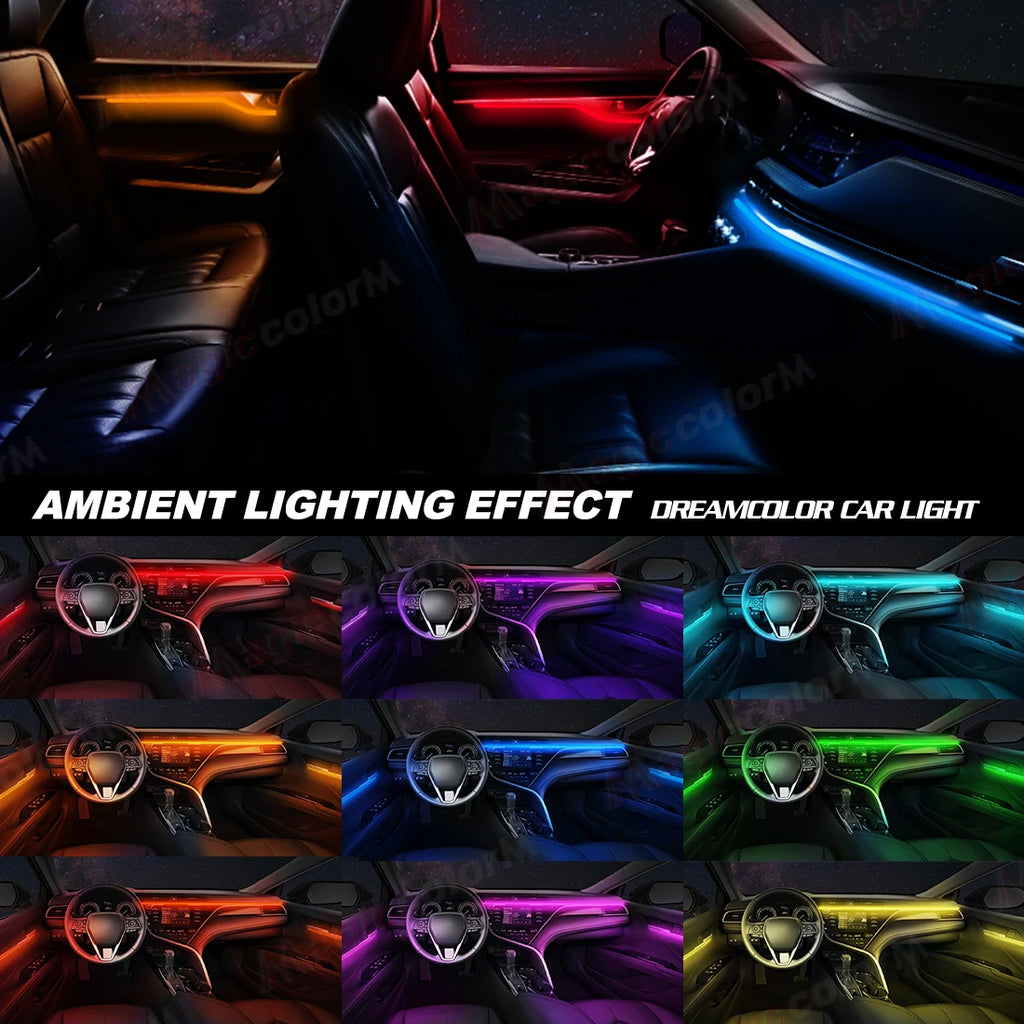Vgetting амбиентално светло 110CM LED акрилна лента за автомобил, флексибилна декоративна ламба за сечење, скриена внатрешност на автомобилот, бела црвена сина