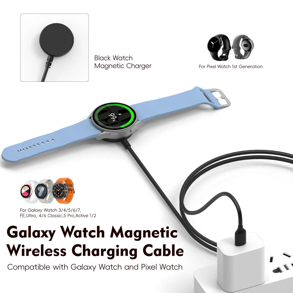 Безжичен полнач за Galaxy Watch, полнач за Galaxy Watch 3/4 5/6/7 Active1-2 Ultra FE кабел за часовник USB-A USB-C