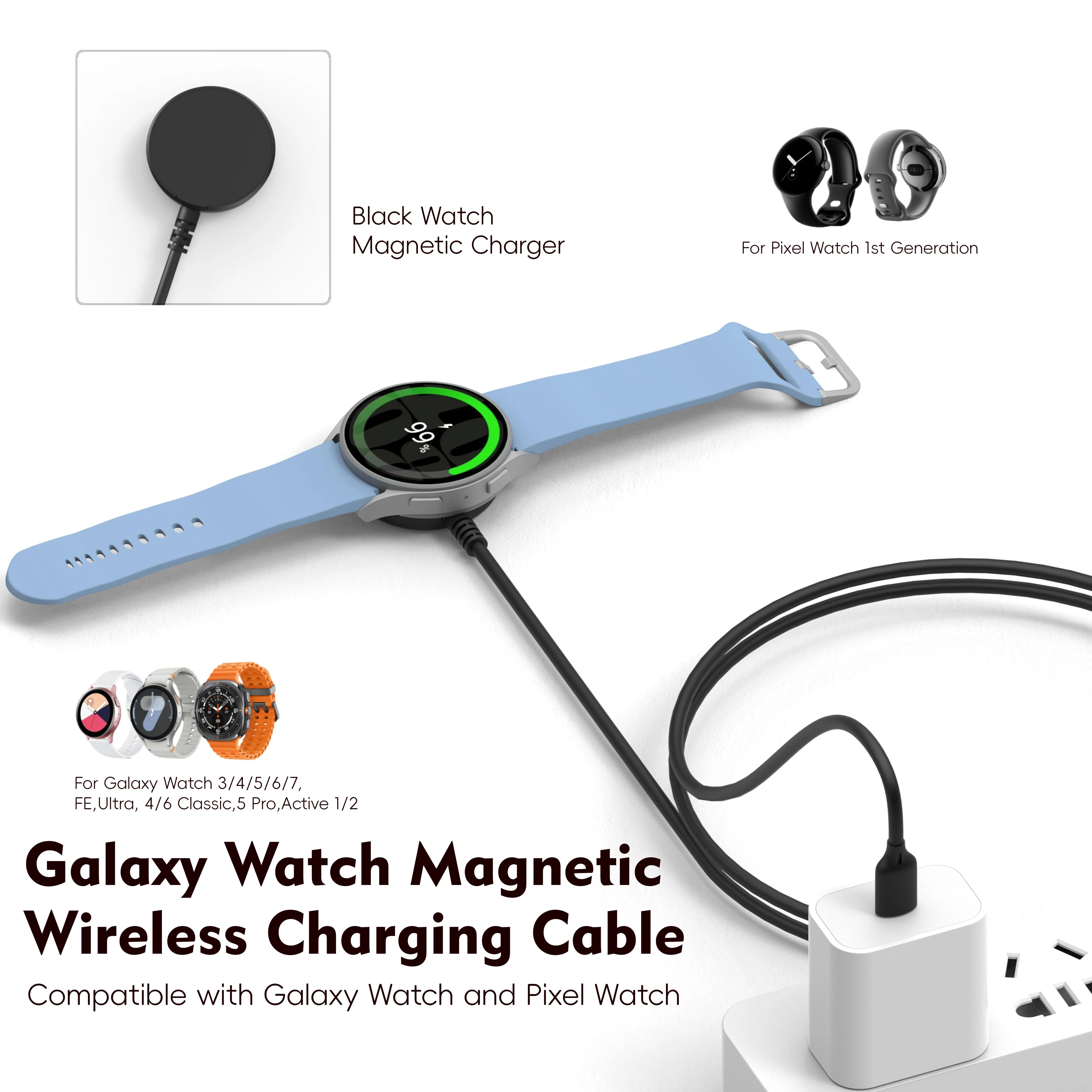 Безжичен полнач за Galaxy Watch, полнач за Galaxy Watch 3/4 5/6/7 Active1-2 Ultra FE кабел за часовник USB-A USB-C
