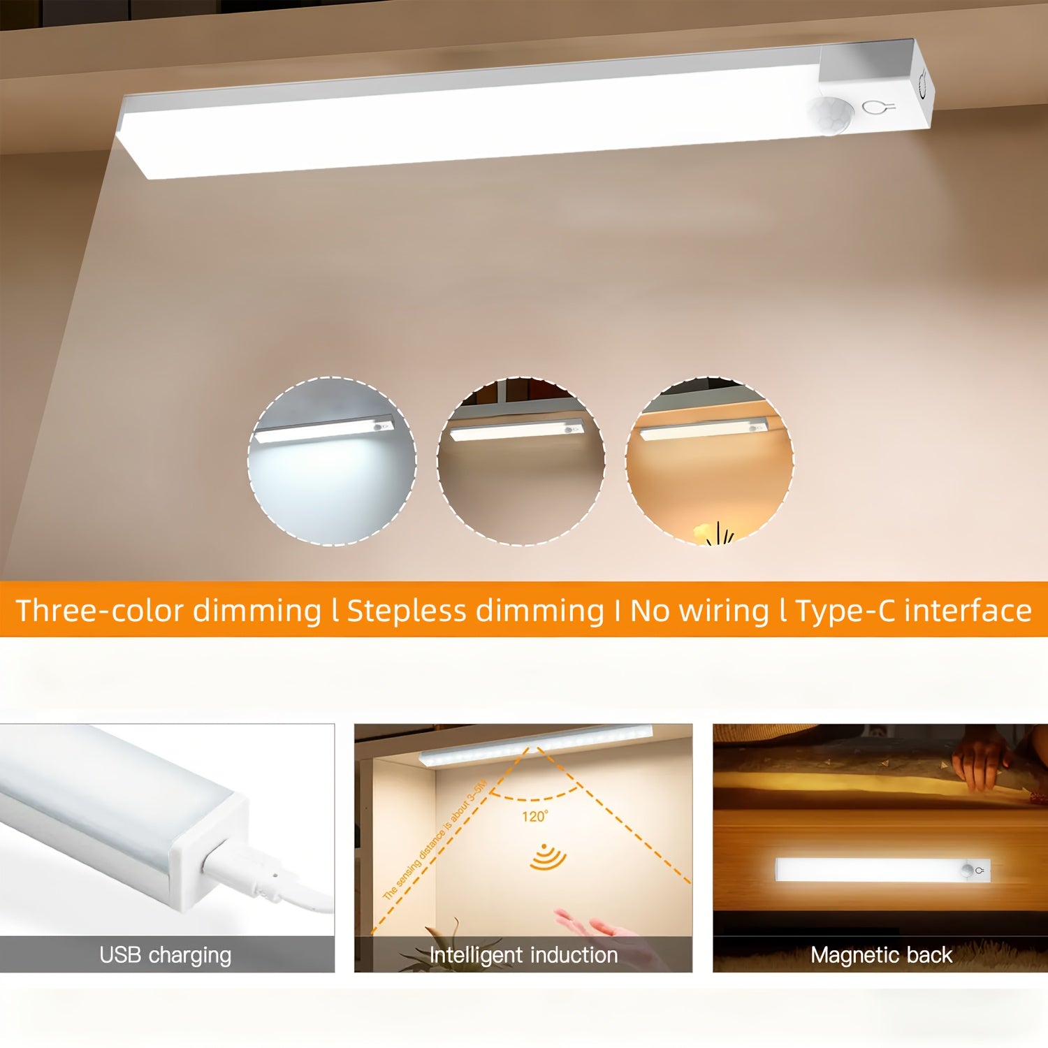 NBBUFF LED светло активирано со движење, со три температури на бои, прилагодлива осветленост, панорамски сензор за луѓе од 360° и можност за полнење преку USB. Идеално за употреба во спални соби, покрај кревети, на скали, во ормари, A